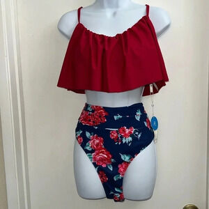 Women’s Red Floral High Waisted Flounce Bikini Set